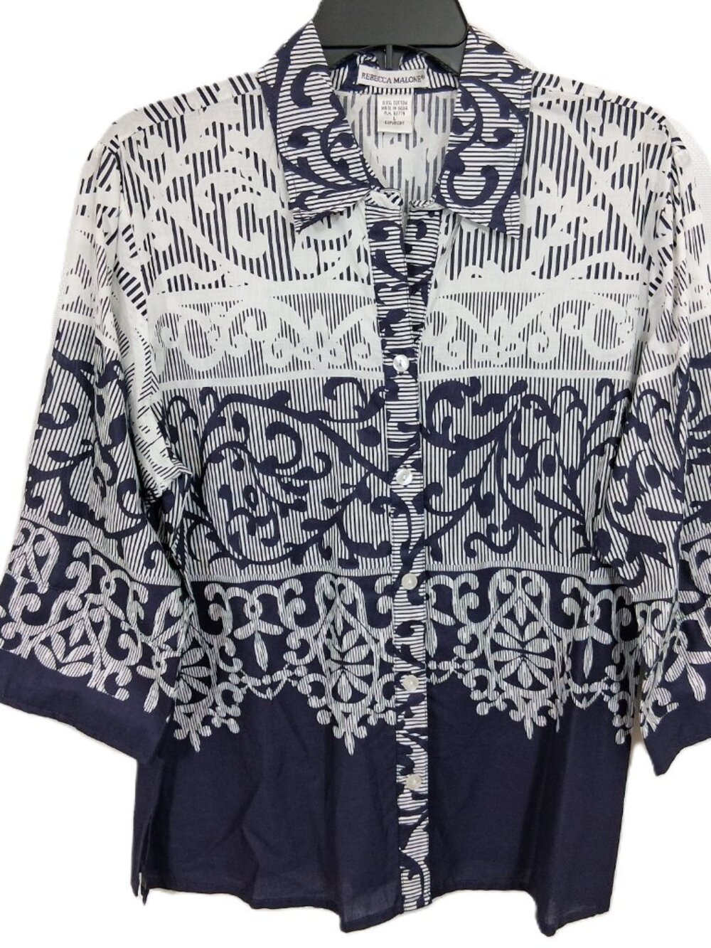 Rebecca Malone Button Down Cotton Shirt Navy Blue White Sz L